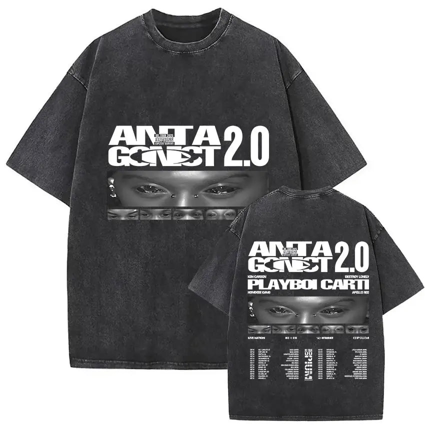 Black oversized t-shirt featuring distressed eyes graphic and playboi carti antagonist text in gothic hip hop style