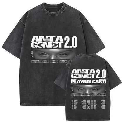 Black oversized t-shirt featuring distressed eyes graphic and playboi carti antagonist text in gothic hip hop style