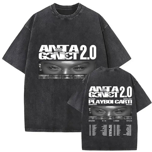Black oversized t-shirt featuring distressed eyes graphic and playboi carti antagonist text in gothic hip hop style
