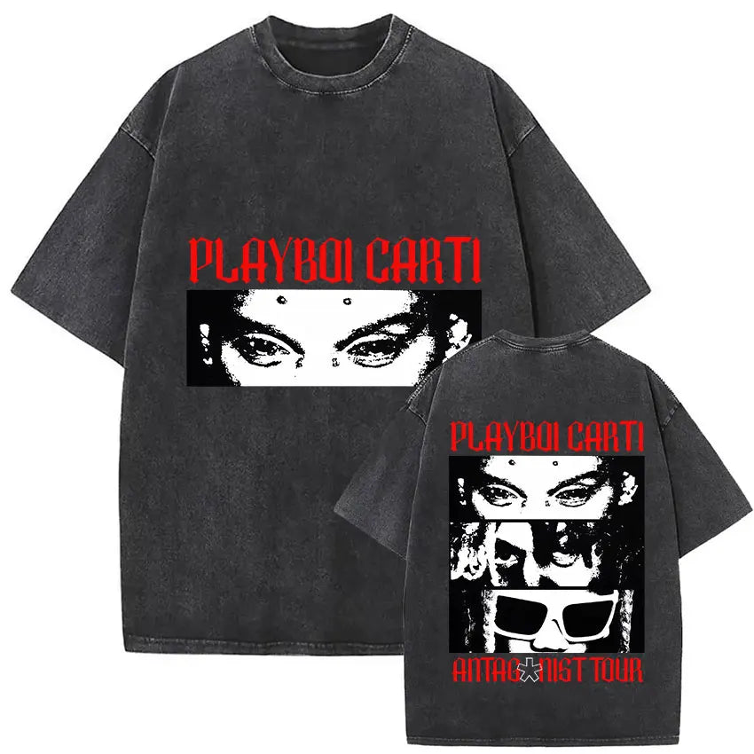 Black oversized rapper playboi carti antagonist tour 2025 t shirt with faded texture and gothic hip hop design