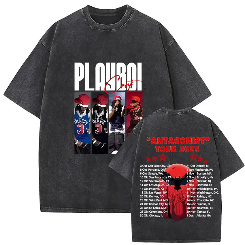 Black distressed gothic hip hop tee featuring rapper playboi carti antagonist tour design with 2025 schedule on back