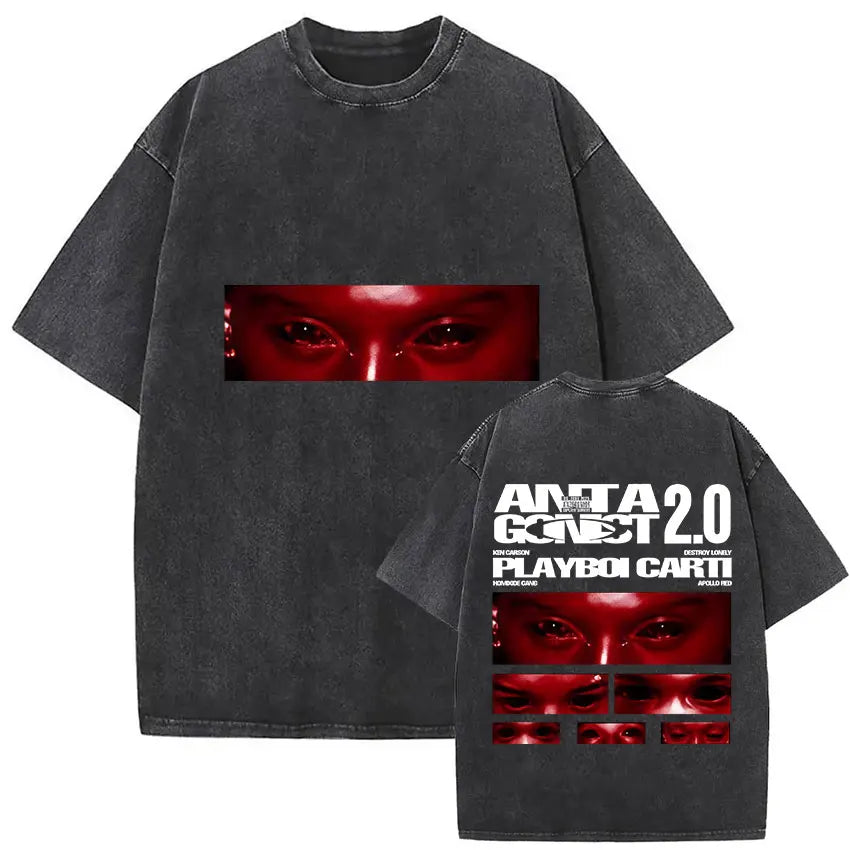 Black oversized t-shirt with red eye graphic and anta gonet 2.0 text on back featuring rapper playboi carti gothic hip hop style
