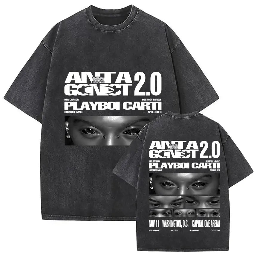 Black cotton playboi carti antagonist tour t-shirt featuring bold white graphic and gothic hip hop style text