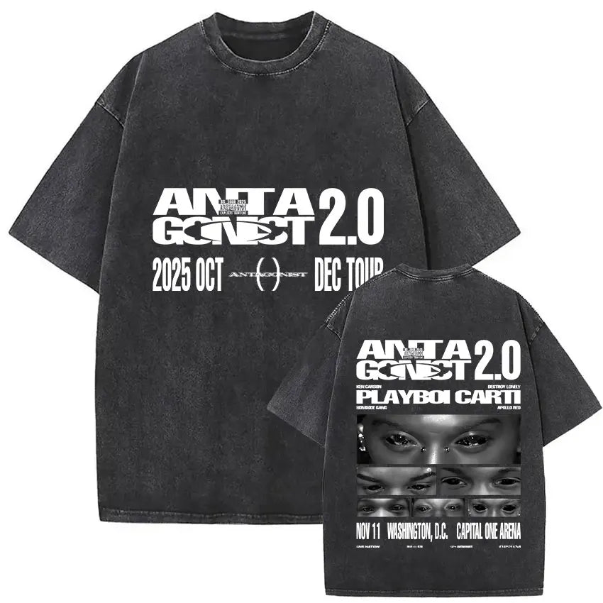 Black distressed cotton t-shirt with bold white playboi carti antagonist 2.0 graphic and gothic hip hop collage on back