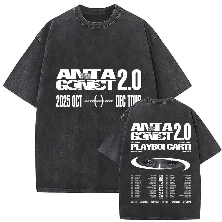Black distressed cotton t-shirt with bold white playboi carti antagonist tour print and stylized eye on back in gothic hip hop style