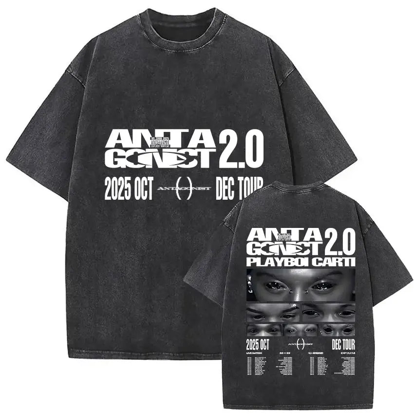 Black distressed cotton t-shirt showing bold white text and graphic eyes on back for rapper playboi carti antagonist gothic hip hop merch