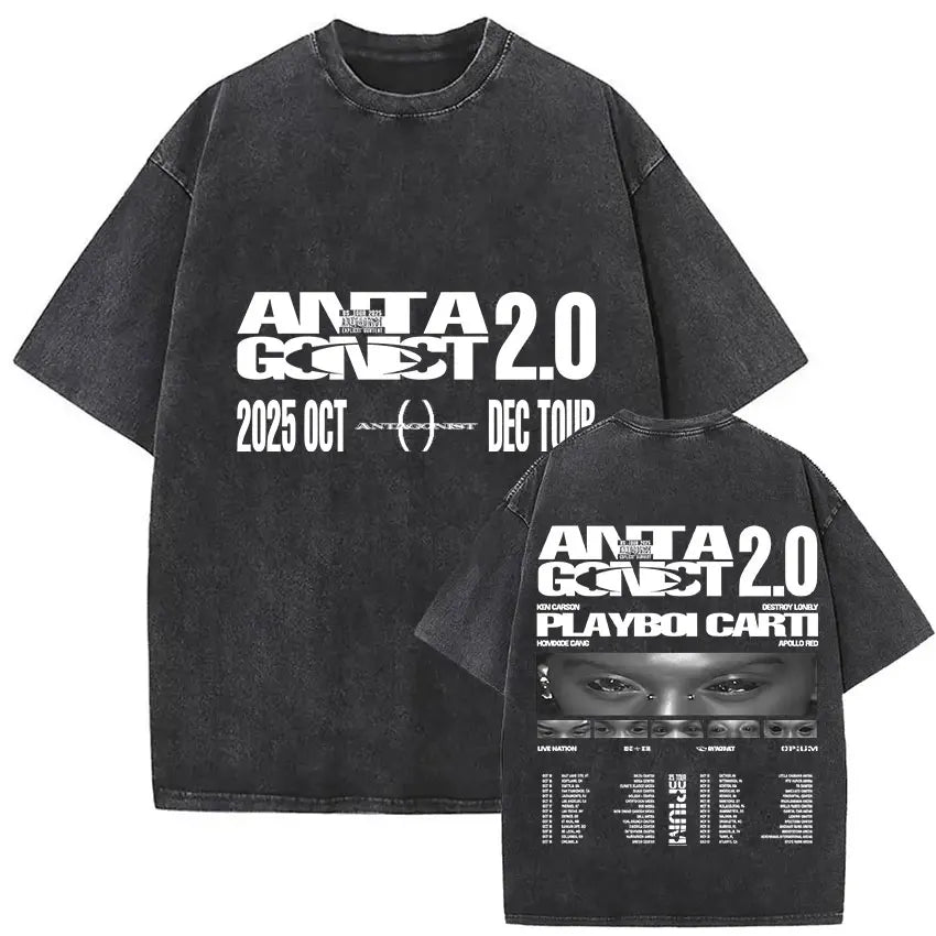 Black distressed cotton t-shirt featuring bold white playboi carti antagonist graphic and tour details on the back