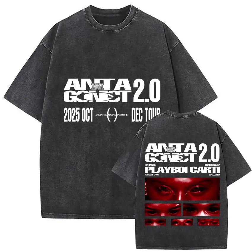 Black distressed cotton t-shirt with playboi carti antagonist 2.0 tour graphics and red back print featuring artist names