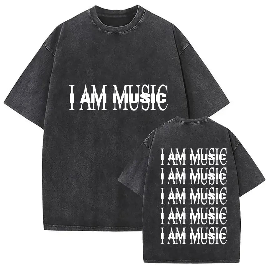 Black oversized rapper playboi carti antagonist tour 2025 t shirt with bold white i am music print front and back