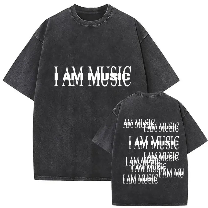Black distressed cotton t-shirt with bold white i am music text front and back rapper playboi carti antagonist gothic hip hop