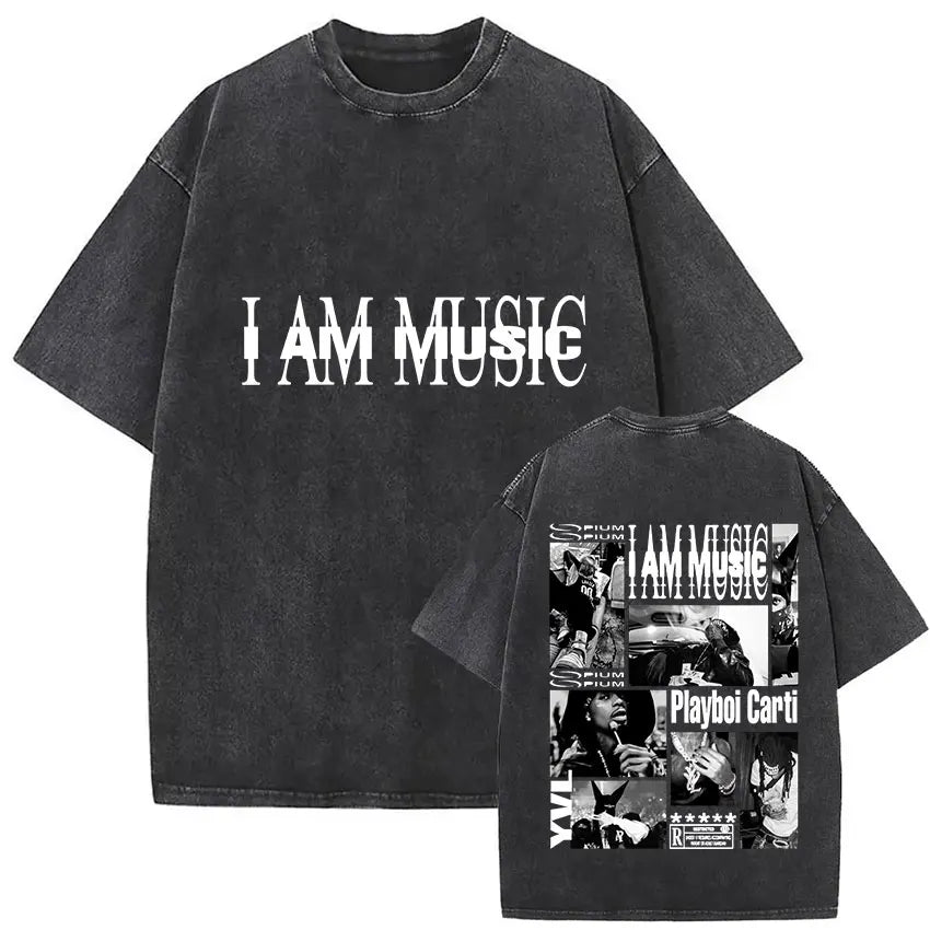 Black oversized rapper playboi carti antagonist tour t-shirt with white print front and black-and-white collage back gothic hip hop