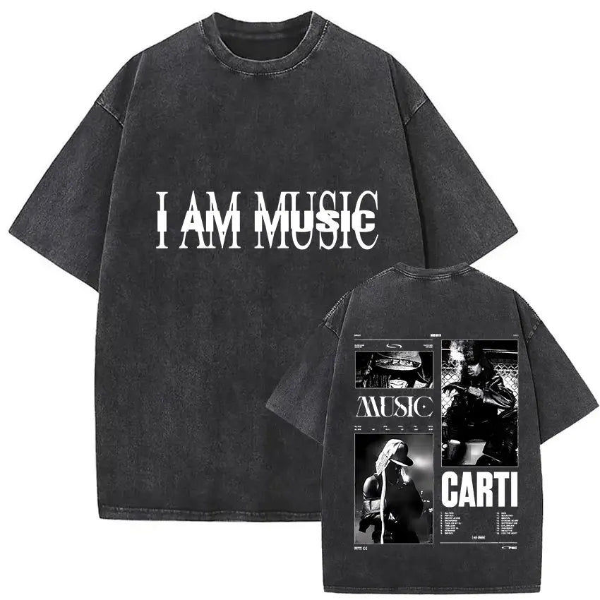 Black oversized gothic hip hop t-shirt with i am music print front and playboi carti antagonist graphic back