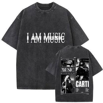 Black oversized gothic hip hop t-shirt with i am music print front and playboi carti antagonist graphic back