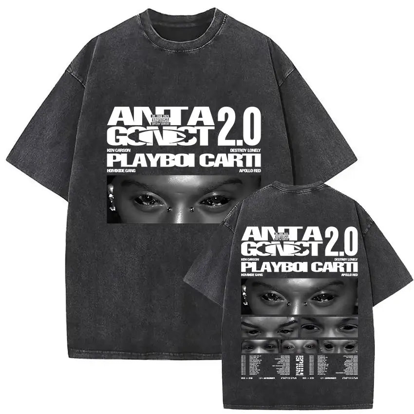 Black distressed cotton t-shirt featuring playboi carti antagonist graphic and multiple eye close-ups on the back side