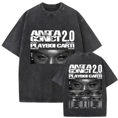 Black distressed cotton t-shirt featuring playboi carti antagonist graphic and multiple eye close-ups on the back side