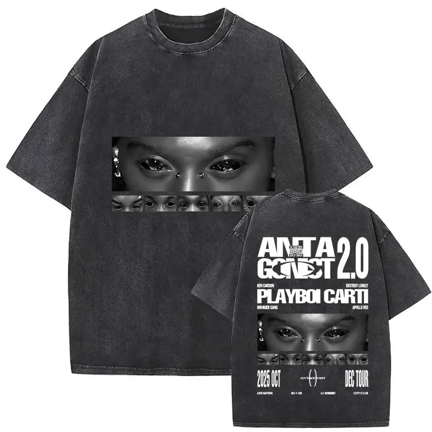 Black distressed cotton t-shirt featuring eyes graphic and text for playboi carti antagonist gothic hip hop tour merch