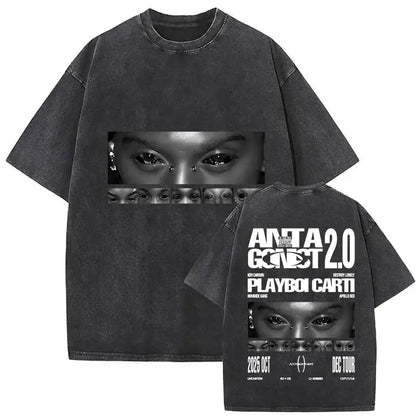 Black distressed cotton t-shirt featuring eyes graphic and text for playboi carti antagonist gothic hip hop tour merch