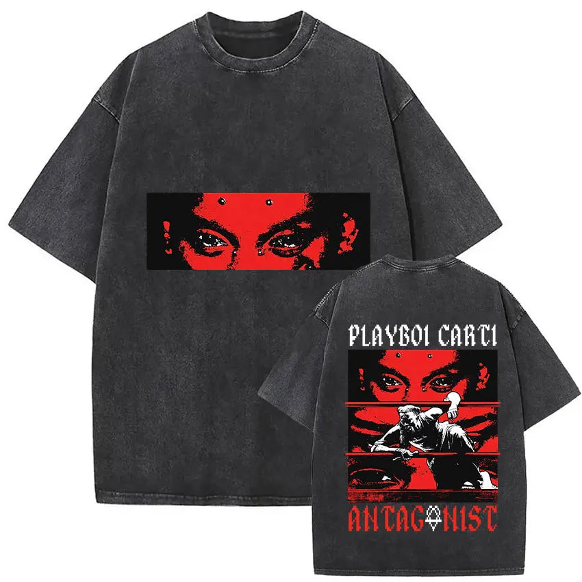 Black distressed cotton t-shirt featuring bold red playboi carti antagonist graphic on back in gothic hip hop style