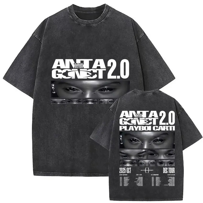 Black distressed cotton t shirt featuring bold white playboi carti antagonist graphic and tour dates on the back