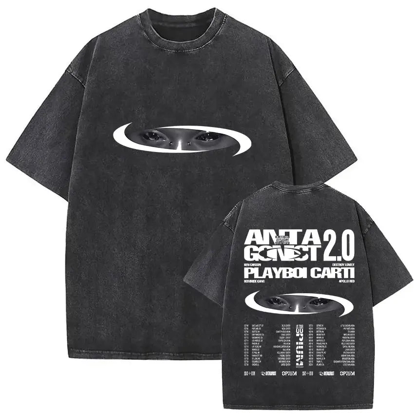 Black oversized rapper playboi carti antagonist tour t shirt with faded graphic eyes and gothic hip hop style text