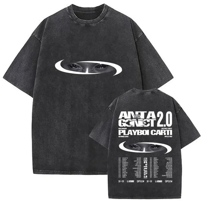Black oversized rapper playboi carti antagonist tour t shirt with faded graphic eyes and gothic hip hop style text