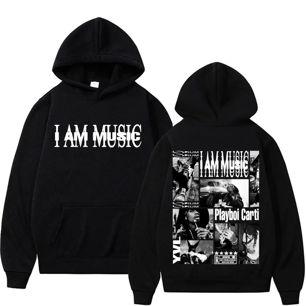 Black hoodie sweatshirt male casual featuring i am music front text and playboi carti collage back fashion gothic hip
