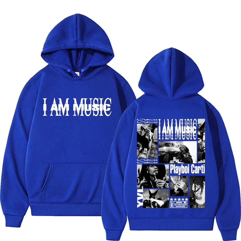 Royal blue fleece hoodie featuring i am music text and black and white playboi carti photos for fashion gothic hip sweatshirt male casual wear