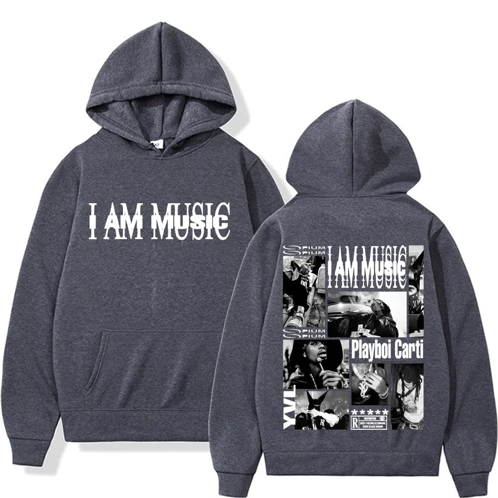 Dark gray fleece hoodie featuring bold white i am music text and black and white playboi carti collage for fashion gothic hip sweatshirt male casual wear