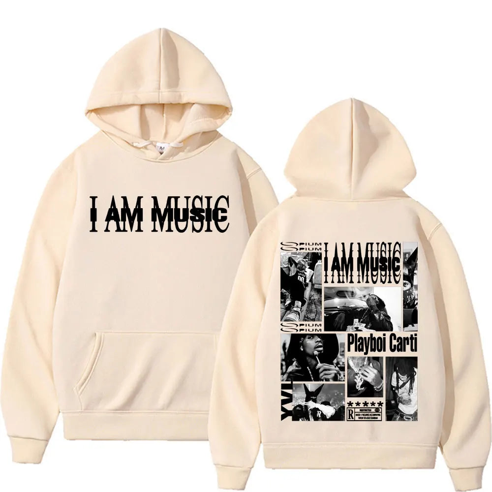 Cream-colored fleece hoodie featuring bold i am music text and playboi carti collage for rapper playboi carti fashion gothic hip sweatshirt male casual wear