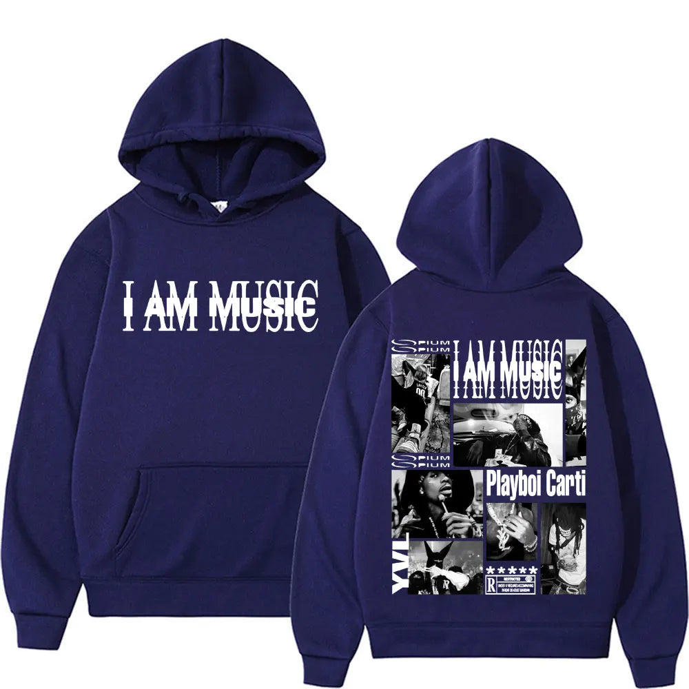 Navy blue fleece hoodie male casual featuring rapper Playboi Carti collage print and i am music logo for fashion gothic hip hop