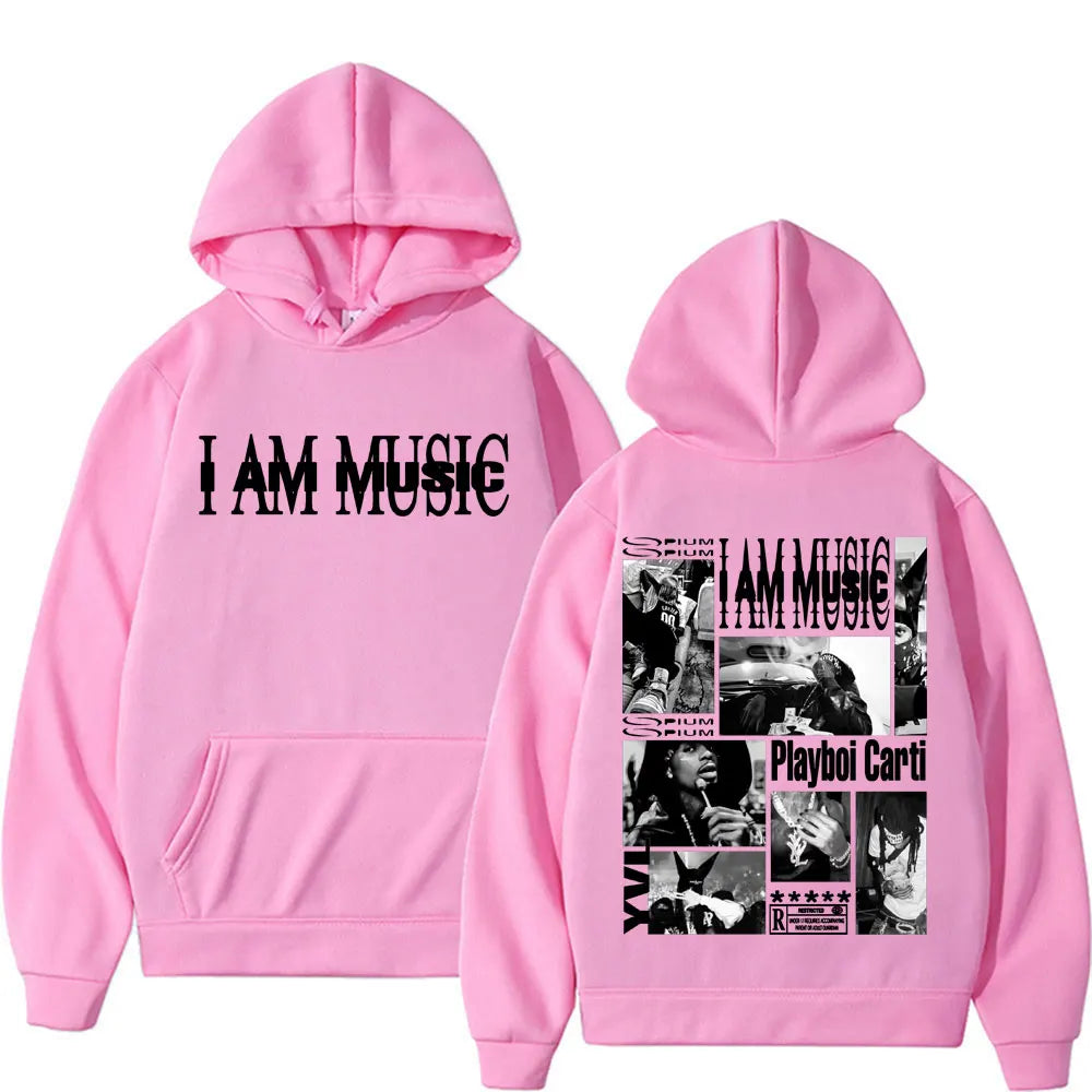 Pink hoodie sweatshirt male casual fleece featuring rapper playboi carti collage and i am music text in fashion gothic hip style
