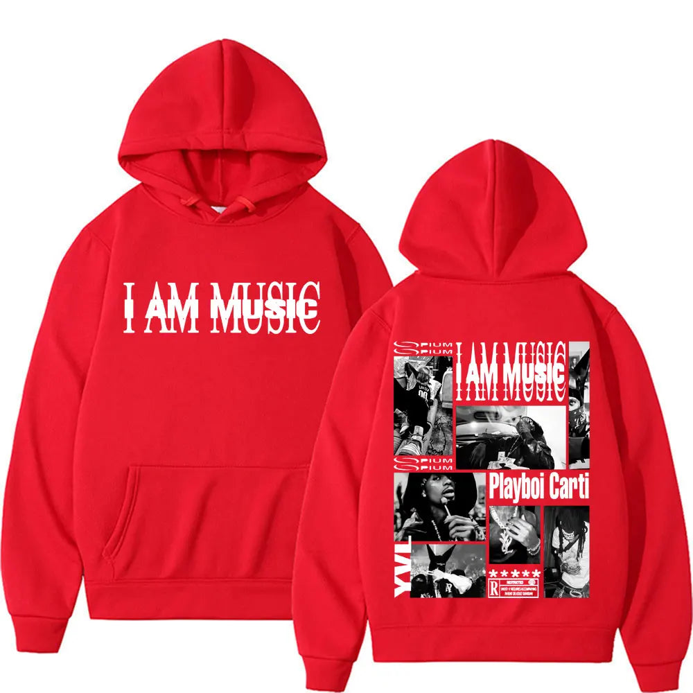 Red hoodie featuring i am music text and black and white playboi carti collage designed as fashion gothic hip hop sweatshirt male casual fleece