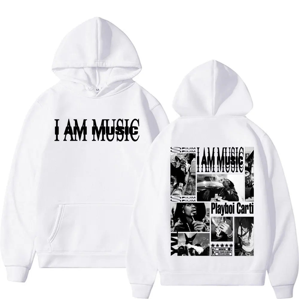 White hoodie with i am music print and playboi carti collage on back fashion gothic hip hop sweatshirt male casual fleece