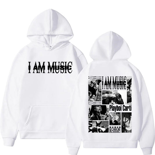 White hoodie with i am music print and playboi carti collage on back fashion gothic hip hop sweatshirt male casual fleece