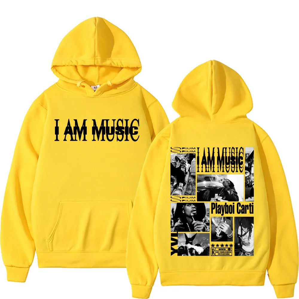 Bright yellow fleece hoodie male casual with i am music lettering and rapper playboi carti collage for fashion gothic hip style