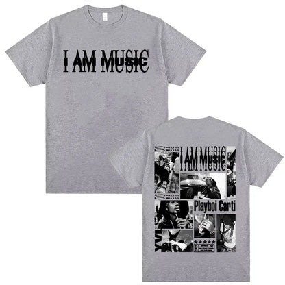 Gray cotton rapper playboi carti t shirt with i am music print front and black and white photo collage back hip hop 90s vintage tshirt