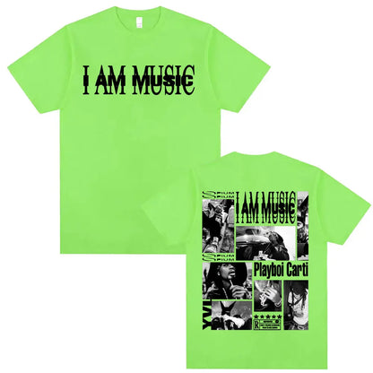 Neon green cotton oversized t shirt with i am music front print and rapper playboi carti collage back hip hop 90s vintage tshirt