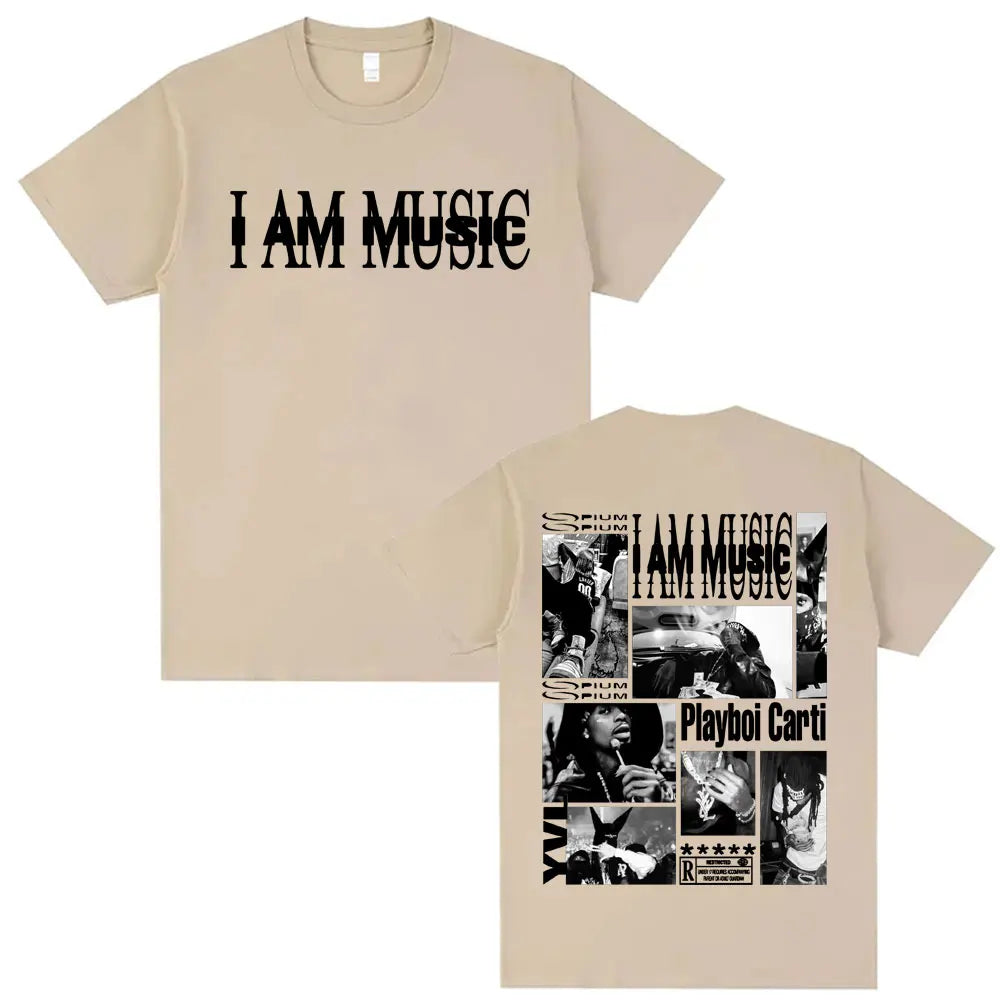 Beige oversized cotton t shirt with bold rapper Playboi Carti i am music print and 90s vintage tshirt collage back design