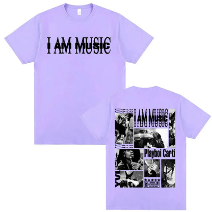 Light purple rapper playboi carti cotton tshirt with i am music text front and black and white photo collage back hip hop 90s vintage tshirt
