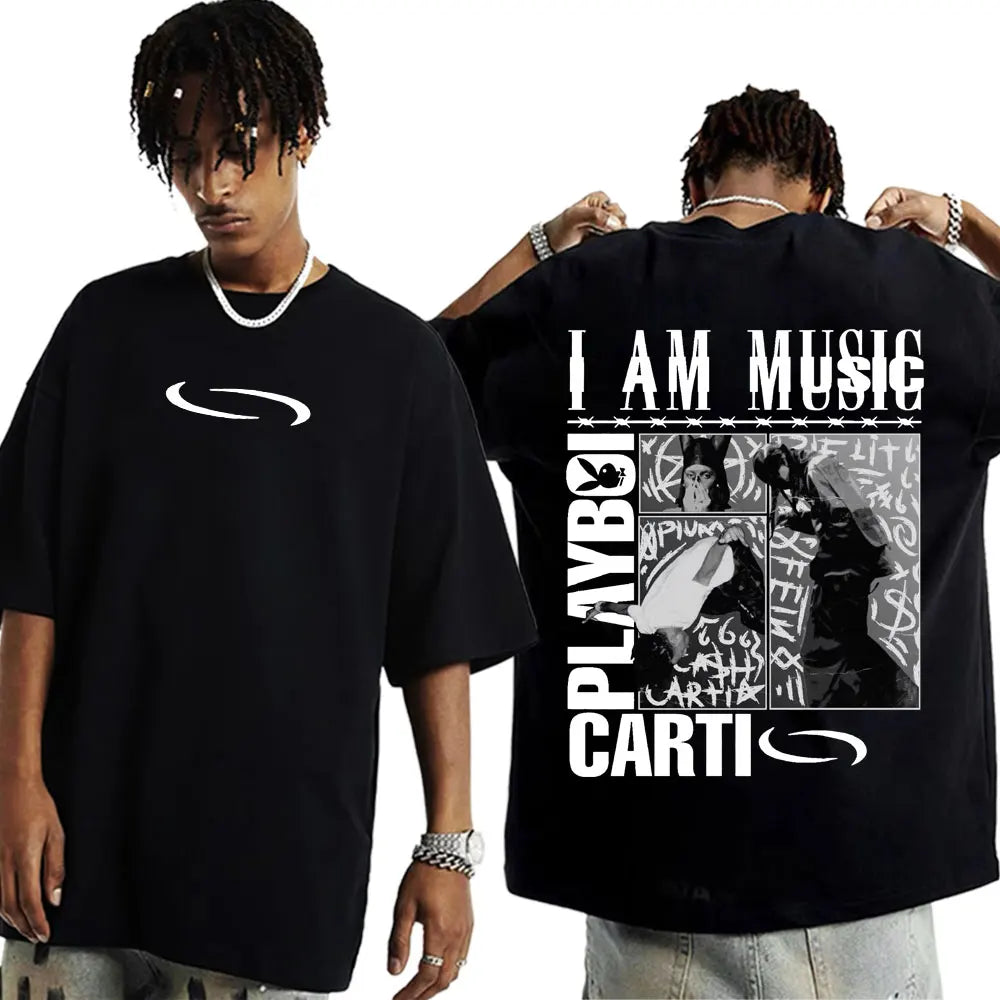 Black oversized cotton t-shirt featuring bold white rapper playboi carti i am music graphic with hip hop 90s vintage style