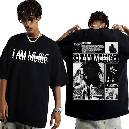 Black oversized cotton t-shirt with bold i am music print and playboi carti graphic on the back hip hop 90s vintage tshirt