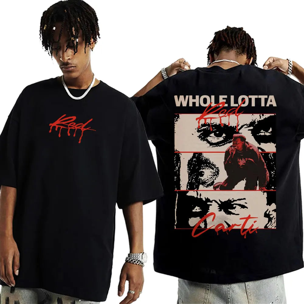 Black oversized cotton t-shirt featuring bold red dripping text and stylized rapper playboi carti graphic hip hop 90s vintage tshirt