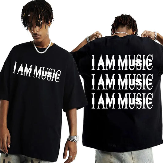 Black oversized cotton t shirt with i am music print on front and back inspired by rapper playboi carti hip hop 90s vintage tshirt
