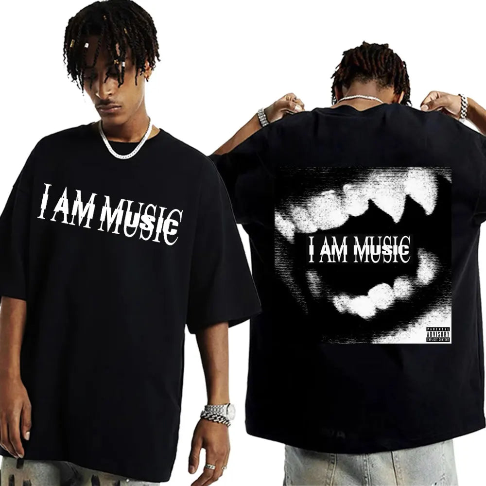 Black oversized cotton t shirt with i am music print and stylized teeth graphic on back rapper playboi carti hip hop 90s vintage tshirt