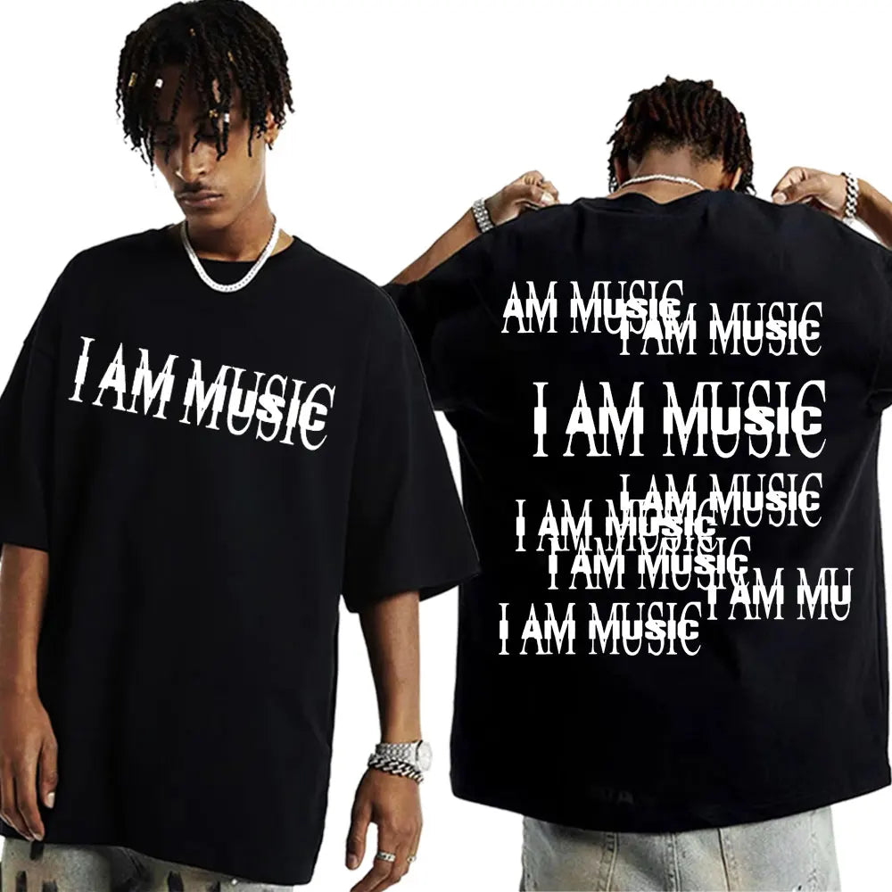 Black oversized cotton t-shirt with i am music print front and back inspired by rapper playboi carti hip hop 90s style vintage tshirt