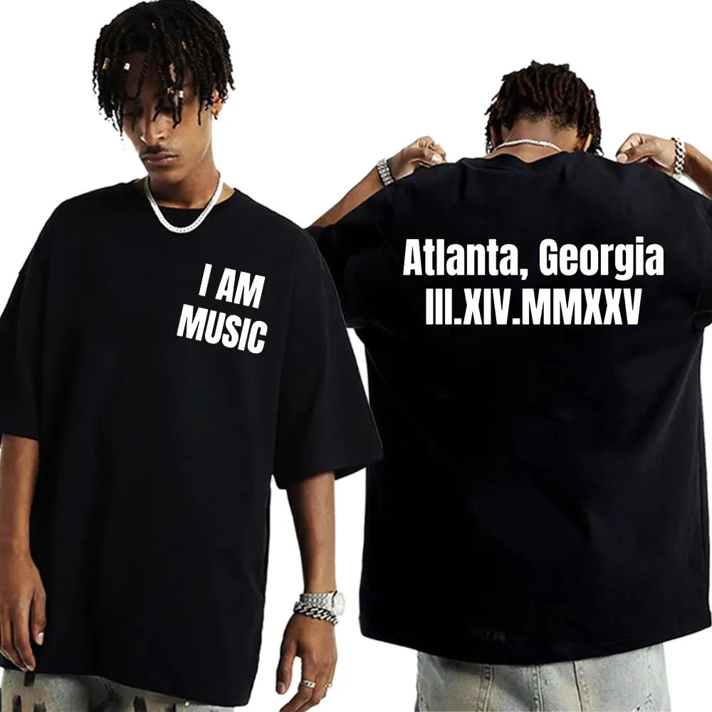 Black oversized cotton t shirt with white i am music front text and atlanta georgia back for rapper playboi carti hip hop 90s vintage tshirt