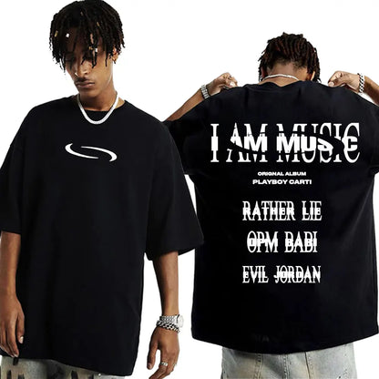 Black oversized cotton t-shirt with white i am music graphic and playboi carti song titles hip hop 90s vintage tshirt