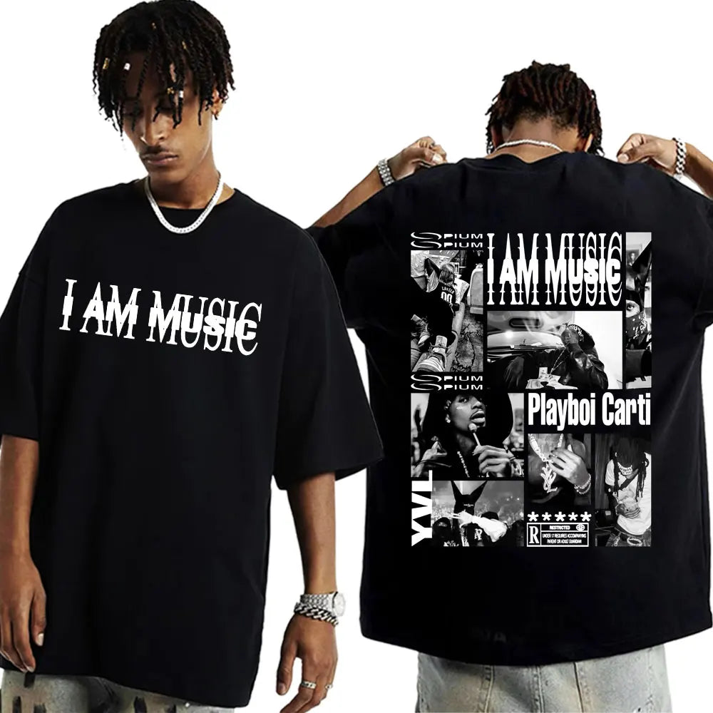 Black oversized cotton t-shirt with i am music print front and playboi carti photo collage back hip hop 90s vintage tshirt