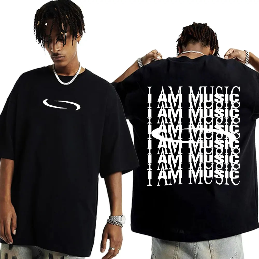 Black oversized cotton t-shirt with white i am music text and logo for rapper playboi carti hip hop 90s vintage tshirt