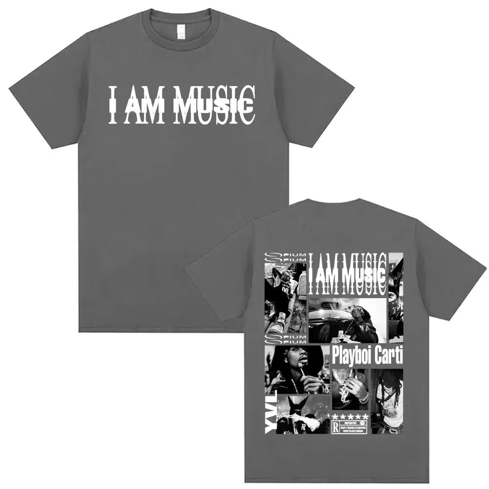 Gray cotton oversized t-shirt with i am music print and playboi carti black and white photo collage back hip hop 90s vintage tshirt